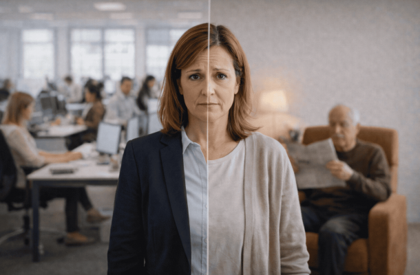 Pflegefachkräfte schauen freundlich in die Kamera. Sinnbild zur TvöD Erhöhung des Gehalts., Eine Mutter und ihre Tochter schauen unsicher in die Kamera wegen der möglichen Maßnahmen der Pflegereform 2026., Ein älteres Ehepaar bei einer Beratung für eine private Pflegeversicherung., Wegen des Fall Ambiente Care sitzt eine Tochter zusammen mit Ihrer Mutter, die im Pflegebett liegt, neben ihr am Tisch und sichtet wichtige Dokumente., Pflegefachkraft mit Unterlagen begrüßt Senioren an der Haustür zur Verhinderungspflege 2026, Ein Mann bei der Herzinfarkt-Nachsorge zuhause mit einer Betreuungskraft, die im Haushalt hilft., Auf dem Bild ist eine Frau völlig erschöpft am Tisch sitzend. Sinnbild für Pflegende Angehörige entlasten., Eine Frau mit Demenz sitzt munter am Fenster und schaut heraus., Eine Frau steht im Vordergrund. Auf der linken Seite steht sie im Büro, auf der rechten Zuhause bei Ihrem Vater. Sinnbild für Vereinbarkeit von Pflege und Beruf., Problem der Pflege 2026: Eine Frau steht verzweifelt vor einem Pflegeheim vor einem Schild "Wir sind vollständig belegt - Ihr Pflegeheim"