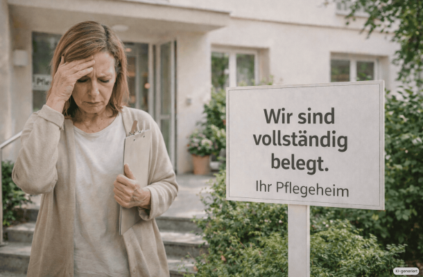 Pflegefachkräfte schauen freundlich in die Kamera. Sinnbild zur TvöD Erhöhung des Gehalts., Eine Mutter und ihre Tochter schauen unsicher in die Kamera wegen der möglichen Maßnahmen der Pflegereform 2026., Ein älteres Ehepaar bei einer Beratung für eine private Pflegeversicherung., Wegen des Fall Ambiente Care sitzt eine Tochter zusammen mit Ihrer Mutter, die im Pflegebett liegt, neben ihr am Tisch und sichtet wichtige Dokumente., Pflegefachkraft mit Unterlagen begrüßt Senioren an der Haustür zur Verhinderungspflege 2026, Ein Mann bei der Herzinfarkt-Nachsorge zuhause mit einer Betreuungskraft, die im Haushalt hilft., Auf dem Bild ist eine Frau völlig erschöpft am Tisch sitzend. Sinnbild für Pflegende Angehörige entlasten., Eine Frau mit Demenz sitzt munter am Fenster und schaut heraus., Eine Frau steht im Vordergrund. Auf der linken Seite steht sie im Büro, auf der rechten Zuhause bei Ihrem Vater. Sinnbild für Vereinbarkeit von Pflege und Beruf., Problem der Pflege 2026: Eine Frau steht verzweifelt vor einem Pflegeheim vor einem Schild "Wir sind vollständig belegt - Ihr Pflegeheim"