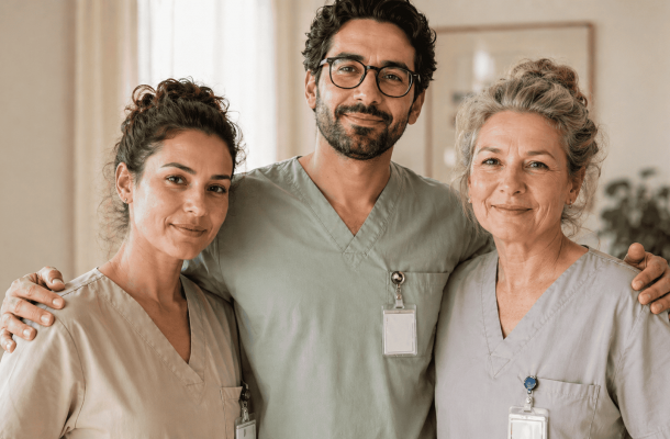 Pflegefachkräfte schauen freundlich in die Kamera. Sinnbild zur TvöD Erhöhung des Gehalts.