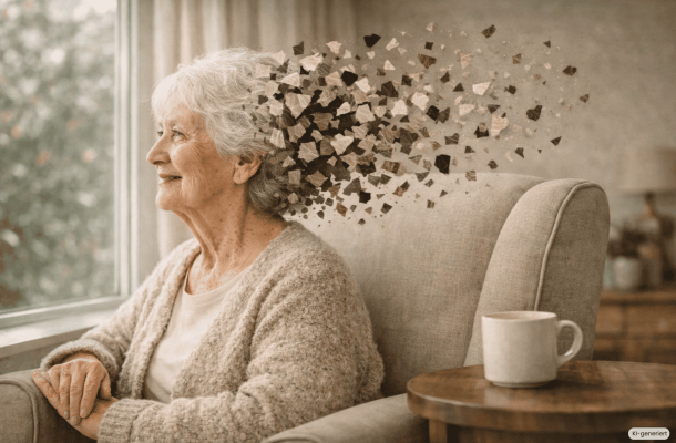 Eine Frau mit Demenz sitzt munter am Fenster und schaut heraus.